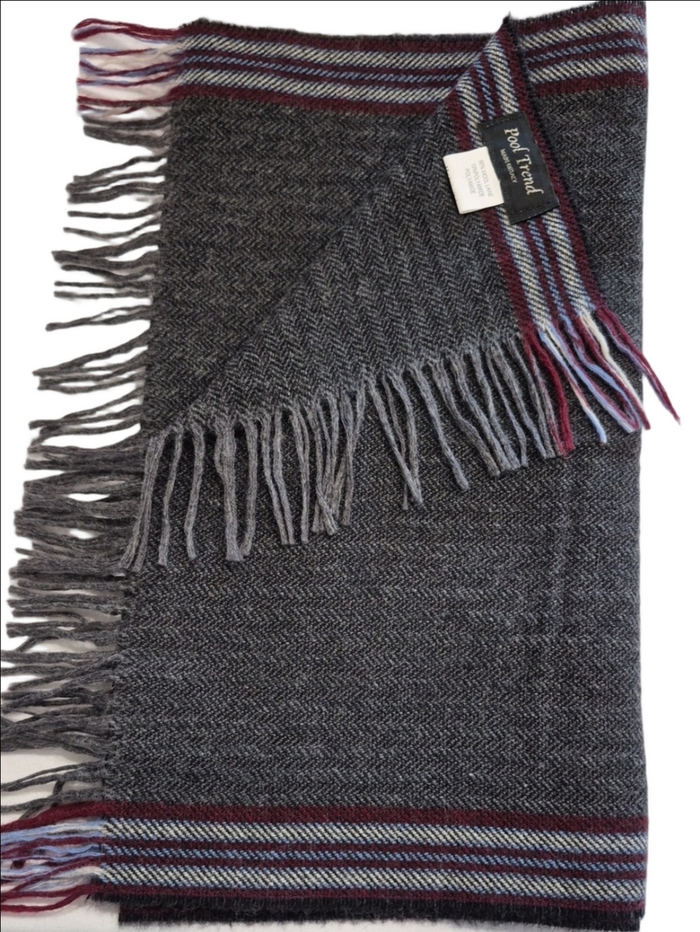 Pool Trend Italy Men's Gray Herringbone Wool Scarf Striped Trim 14.5" x 67"